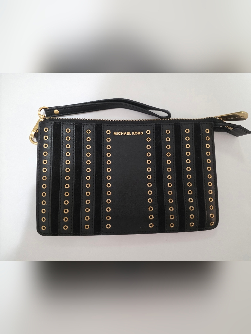 Michael Kors Black Suede & Leather Gold Studded Wristlet Wallet